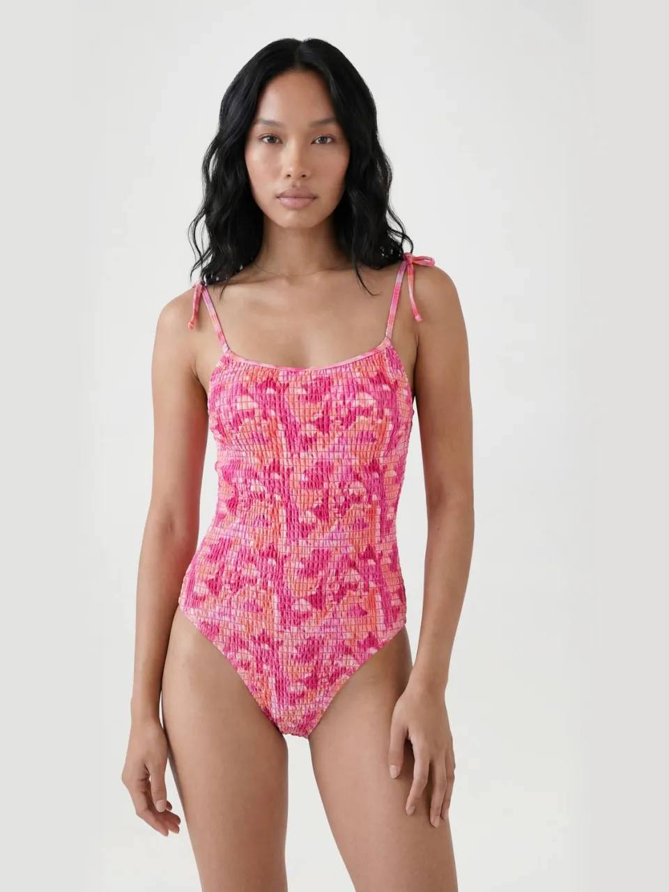 boohoo Dames Badpak Met Bloemenprint, Shirring En Strikbandjes En Vierkante Hals roze, foto 2