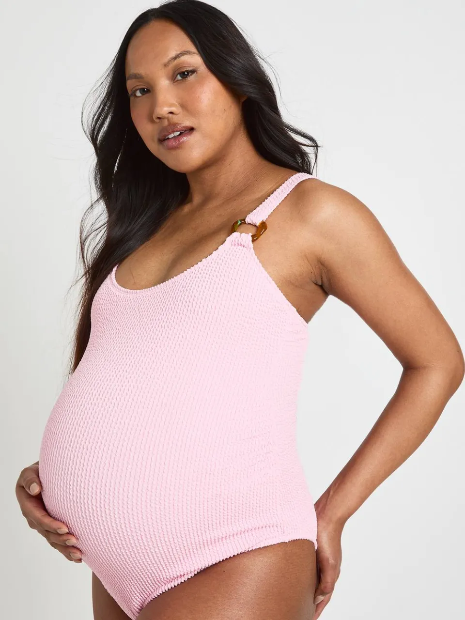 boohoo Dames Zwangerschaps Badpak Met Crinkle Structuur, Ronde Hals En Decoratief Detail baby roze, foto 3