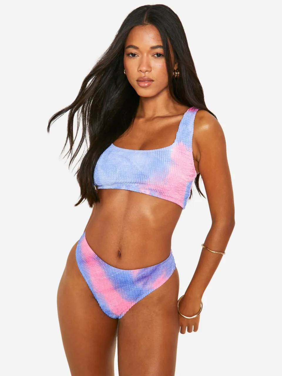 boohoo Dames Tie Dye Crinkle Hipster Bikini Slip roze, foto 3