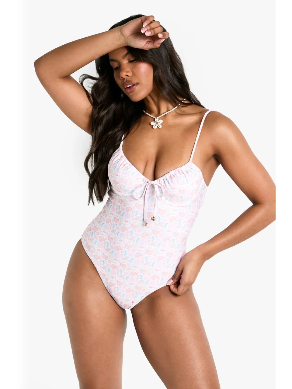 boohoo Dames Shell Print Pearl Trim Underwire Zwempak crème, foto 2