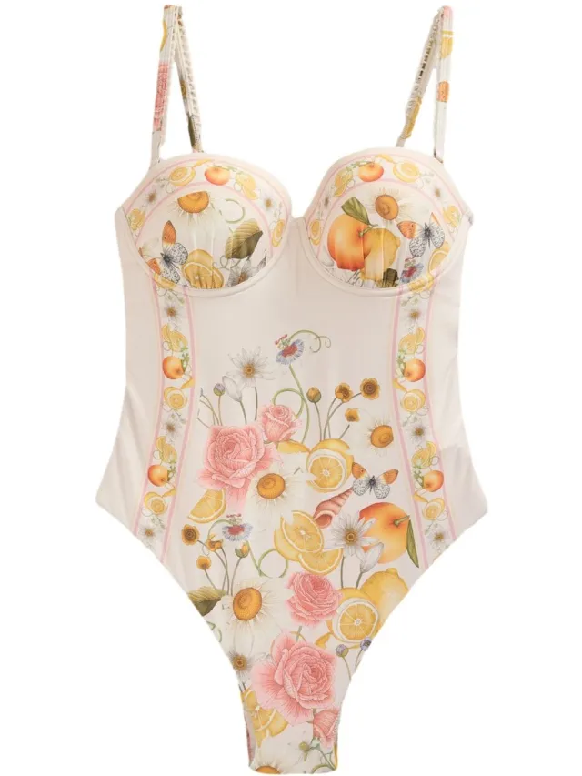 Next Dames - Gewatteerd badpak met bandjes en ruches - Wit Emily Carter Floral