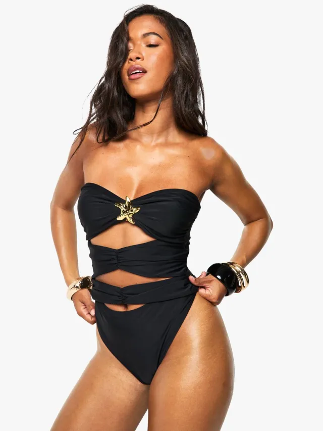 boohoo Dames Starfish Bandeau Cutout Badpak Zwart