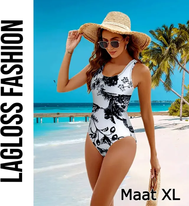 LaGloss Badpak Dames – Zwart Wit Print – Eendelig Slankmakend Zwempak –