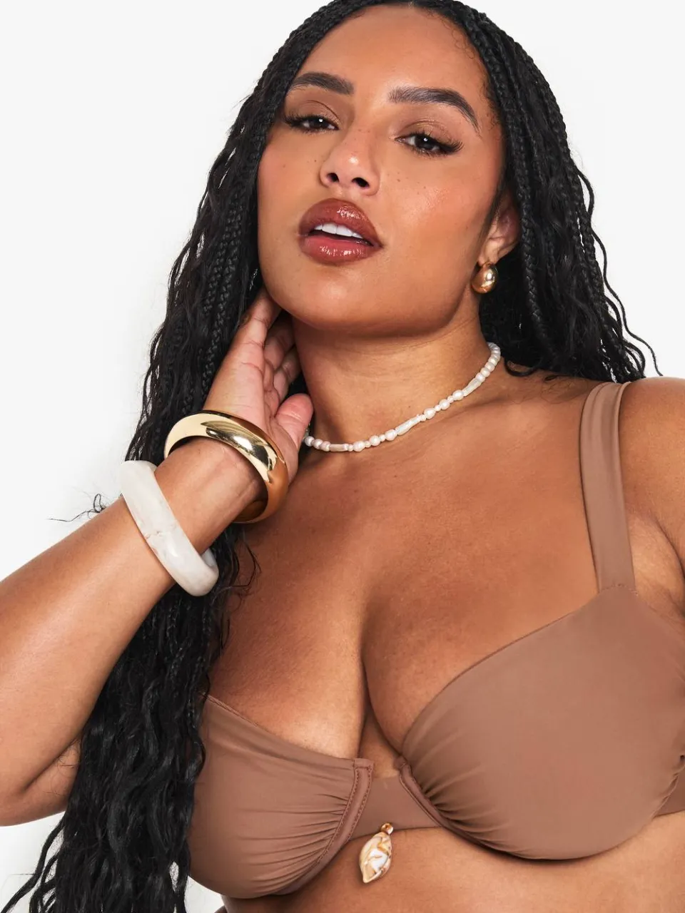 boohoo Dames Plus Bikinitop met Ondersteunende Beugels en Schelpversiering chocoladebruin, foto 5