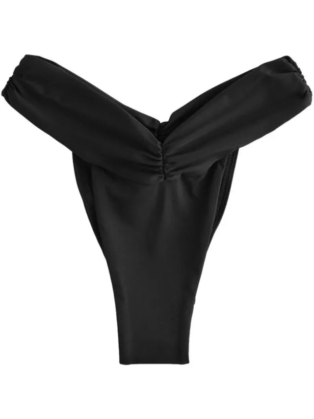 Next Dames - Gestreept Braziliaans bikinibroekje met V-uitsnijding en ruches - Zwart
