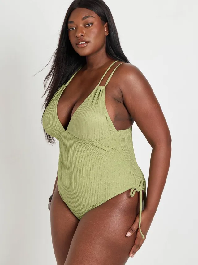 boohoo Dames Plus Gestructureerd Badpak Met Diepe Hals Olijf