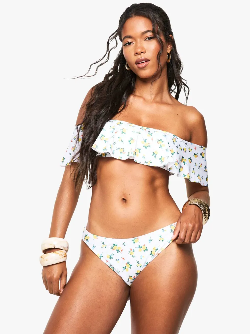 boohoo Dames Bloemige ruches Bardot bikini-top wit, foto 2