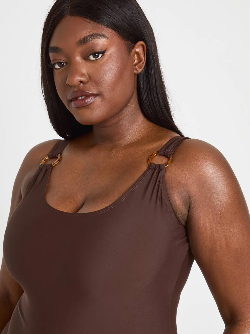 boohoo Dames Plus Badpak Met Decoratief Detail En Ronde Halslijn chocoladebruin, foto 3