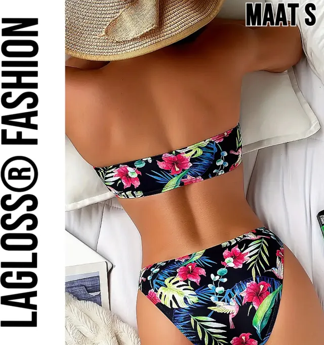 LaGloss Strapless Bikini Tropische Print Maat S – 2-delige Bikini - Zomer Strandkleding Blauw