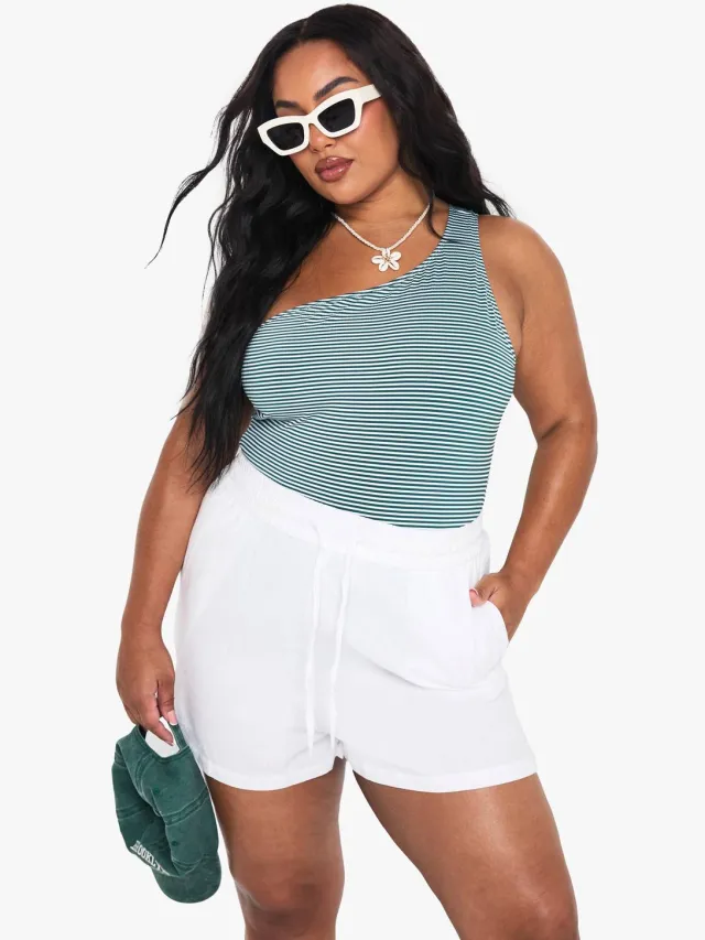 boohoo Dames Plus Seersucker gestreept een-schouder badpak Groente