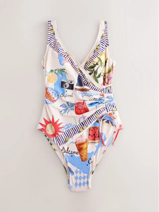 Next Dames - Vormgevend en buikcorrigerend badpak - Tall - Crème Cream/Red Map Print