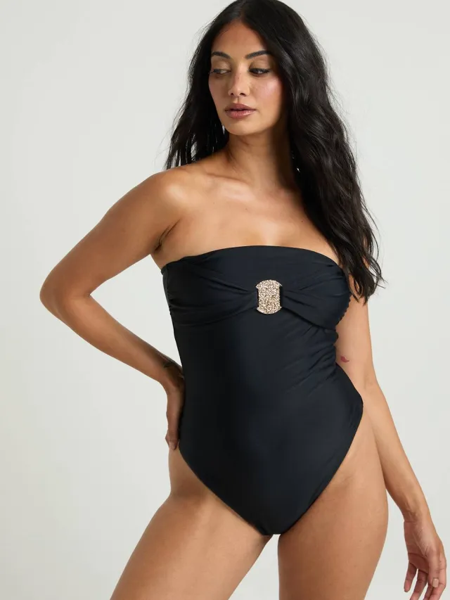 boohoo Dames Bandeau Badpak Met Goudkleurige Details Zwart