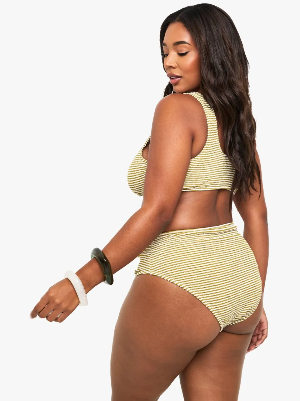 boohoo Dames Plus getextureerde gestreepte high-waist bikini olijf, foto 2