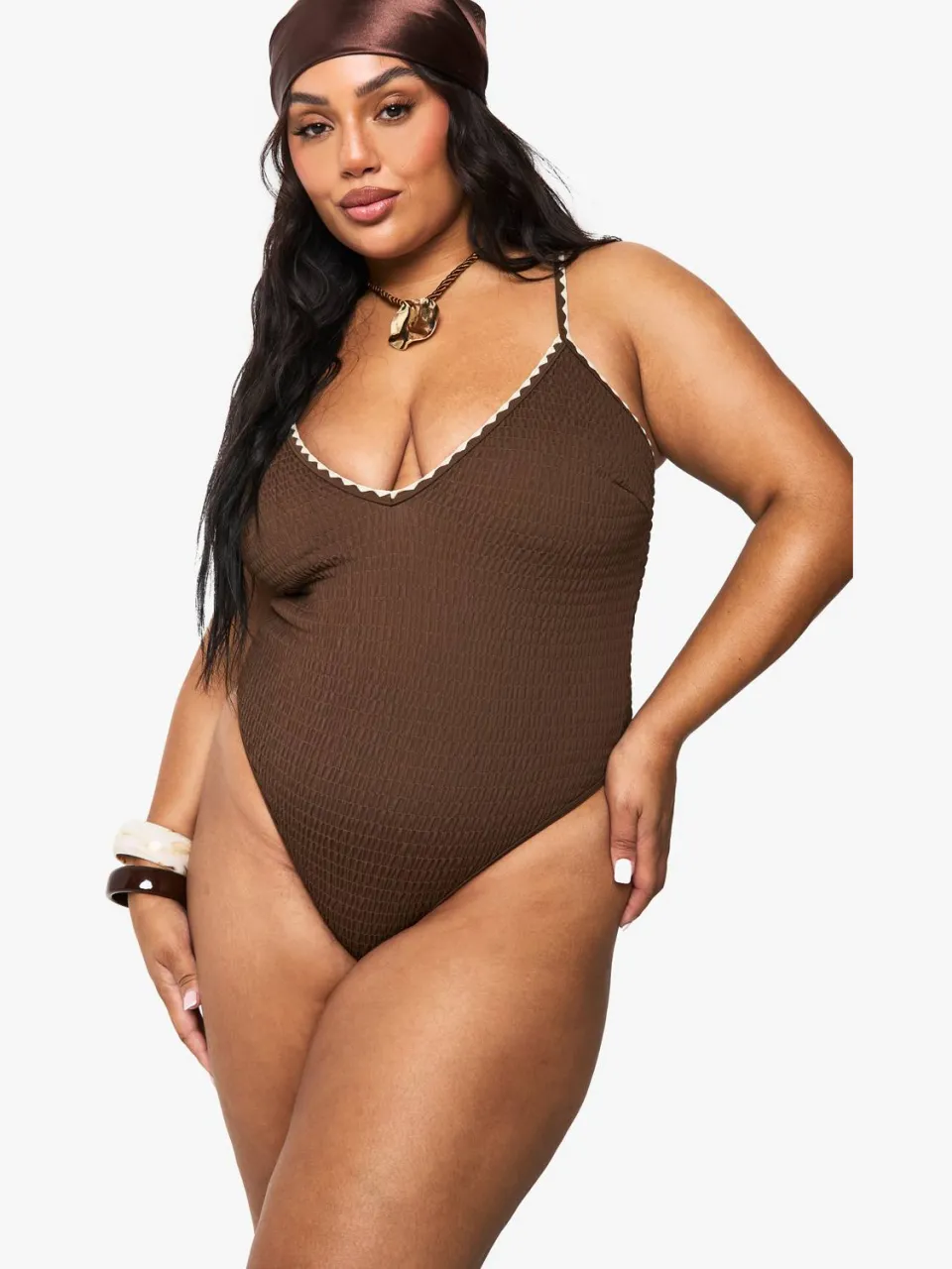 boohoo Dames PLUS CONTRAST STITCH SCOOP BADPAK chocoladebruin, foto 4