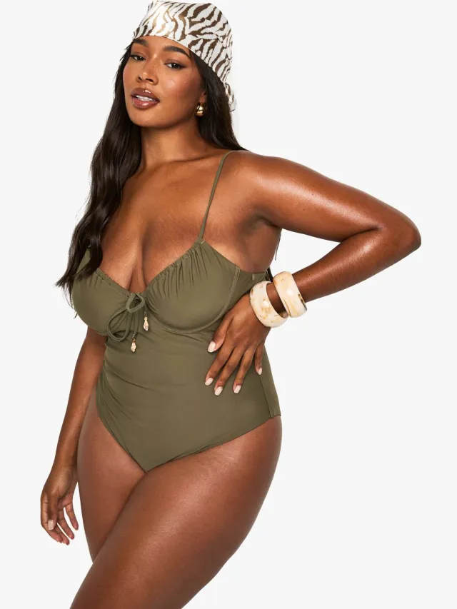 boohoo Dames Plus Shell Trim Gerimpte Cup Onderbeugel Badpak Kaki