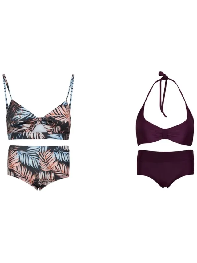 La V Set van 2 bikini hipster broekje en top - Palm leaf/ Aubergine 164-170 Palm leaf / Aubergine