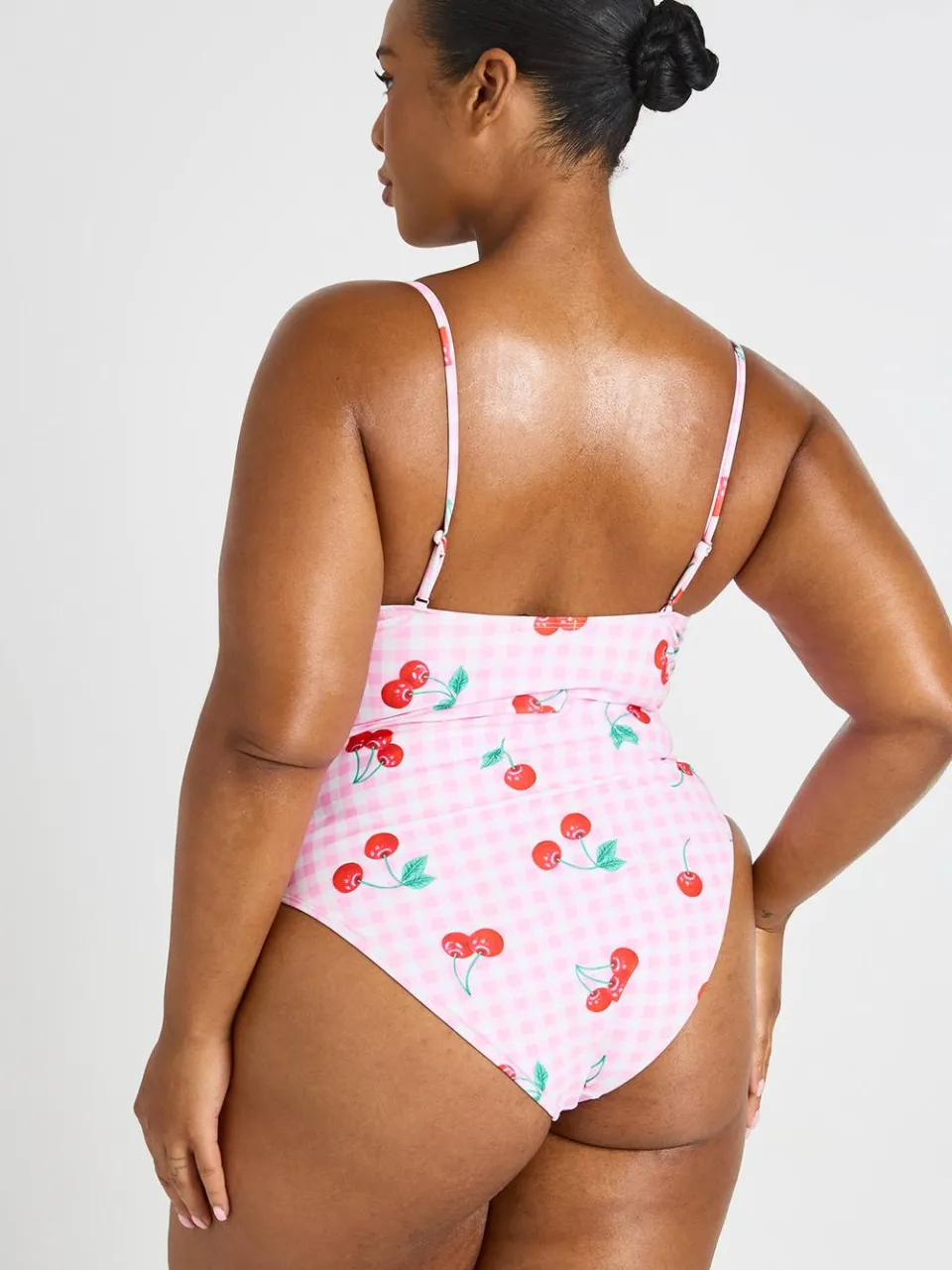 boohoo Dames Plus Kersen Ruitjes Print Beugel Plunge Badpak roze, foto 2