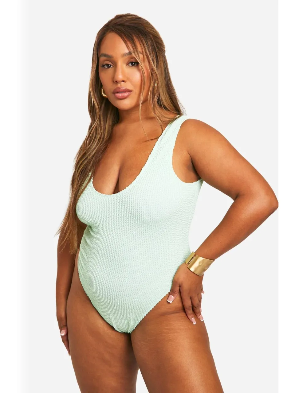 boohoo Dames Plus Crinkle Tummy Control Badpak munt, foto 4