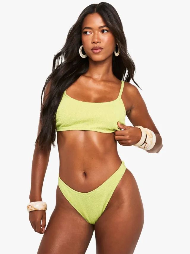 boohoo Dames Swimwear Essentials Crinkle Scoop Neck Bikini Top Olijf