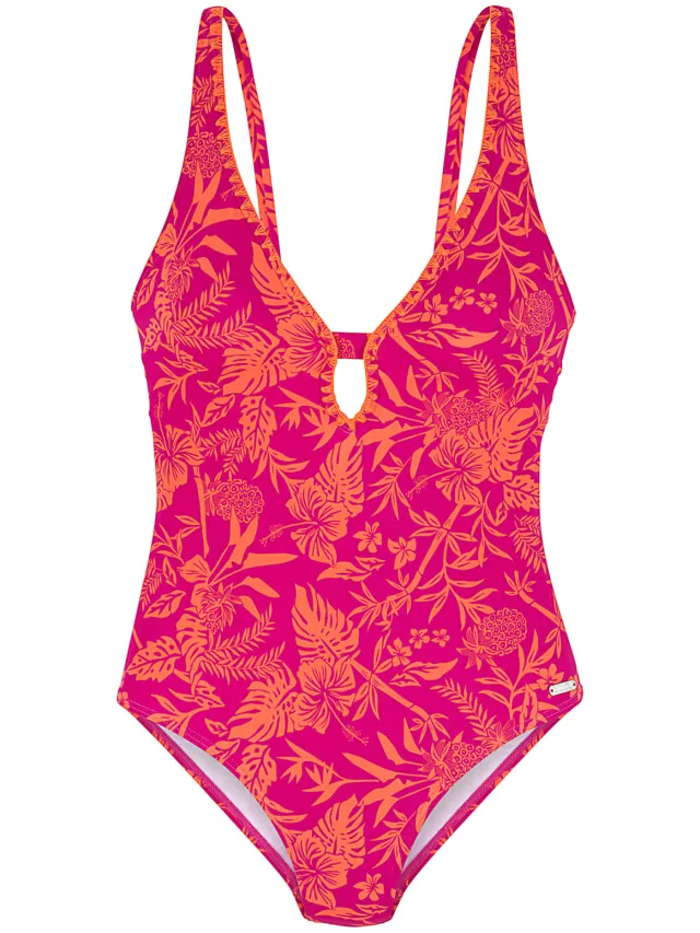 badpak zwart wit gestipt oranje/pink bedrukt