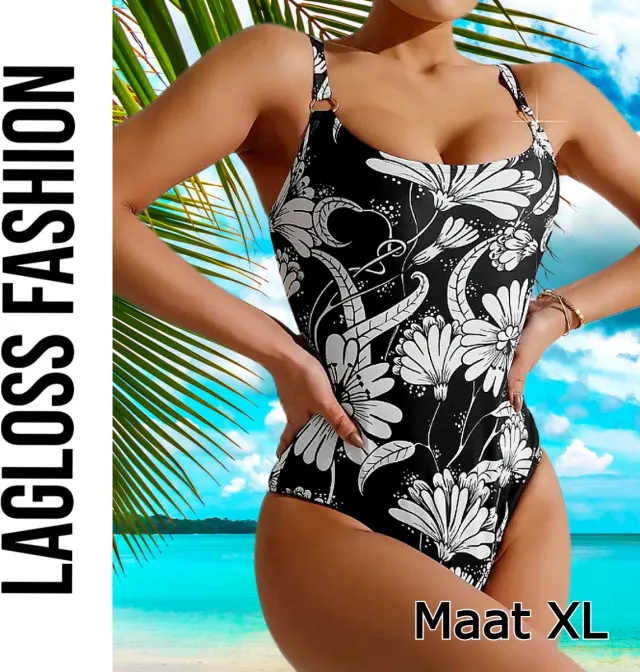 LaGloss Elegant Badpak Dames – Eenstuk – Rugloos & Hooggetailleerd – Tropisch Design –Sneldrogend– Zwart