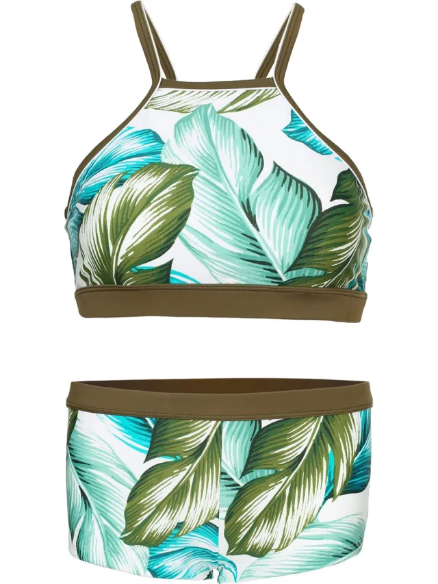 La V Bikini hipster broekje en crop top met racerback - Bali leaf 140-146 Lichte groen