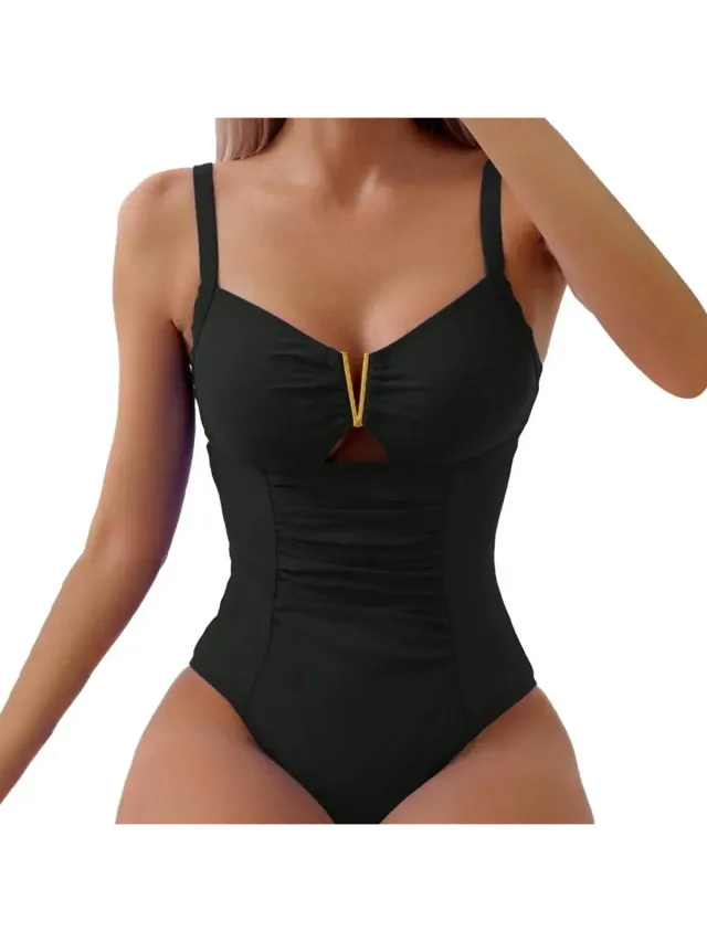 RedParrot Sierlijk Badpak - V-opening - Zwemkleding Dames - Open Rug - Zwart - Bikini