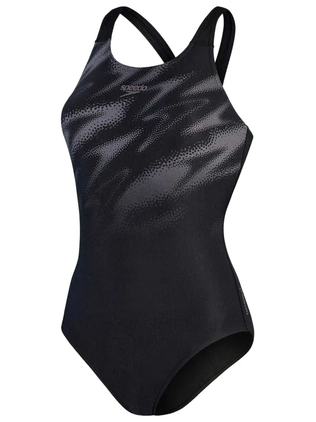 Speedo Hyper Boom Abstract eendelig zwempak voor dames (Zwart/Grijs)