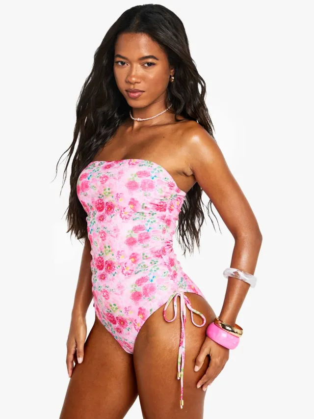 boohoo Dames Ruched Bandeau Zwempak Roze