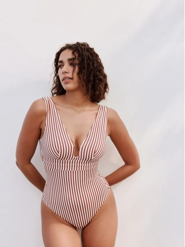 Next Dames - Buikcorrigerend badpak met lage hals - Geel Rose/White Stripe