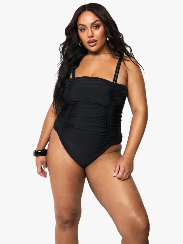 boohoo Dames Plus Buikcontrole Badpak met geraffelde zijkant Zwart