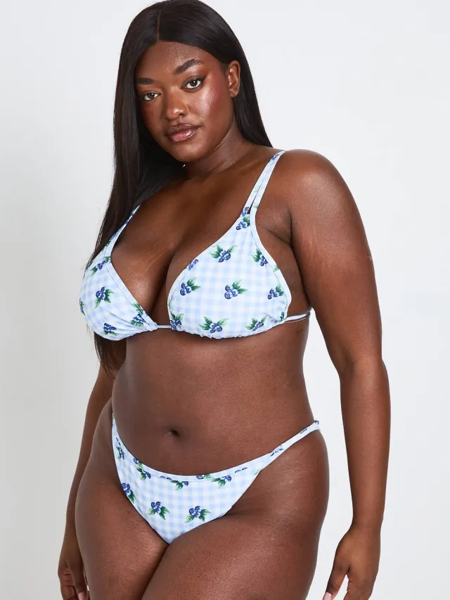 boohoo Dames Plus Geruite Driehoeksbikini Set Met Print Blauw