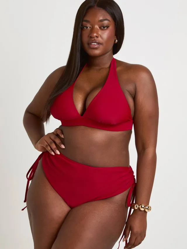 boohoo Dames Plus Size Diepe Halter Bikini Top Bordeaux Rood