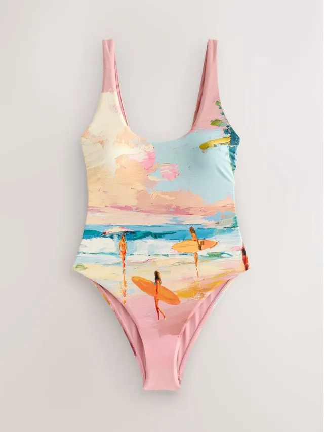 Next Dames - Badpak met laag uitgesneden hals - Blauw Surfer Scenic Print