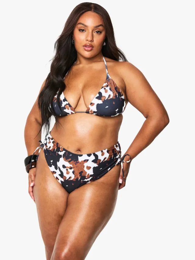 boohoo Dames Plus Koeienprint Driehoek Bikini-onderstuk met hoge taille Bruin
