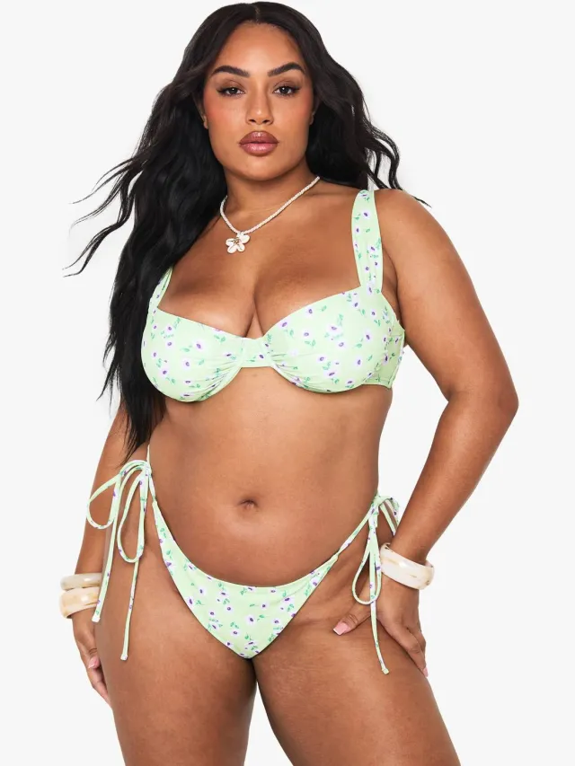 boohoo Dames Plus Floral High Waisted Tie Side Bikini Slip Groente