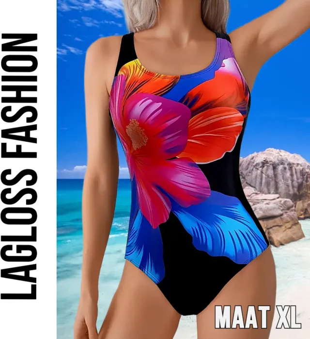 LaGloss Dames Badpak met Grote Kleurrijke Bloem – Elegante Zomerse Eenstuk Zwemkleding – Vakantie & Strandmode – Polyester/Elastaan – Bloemenprint Blauw