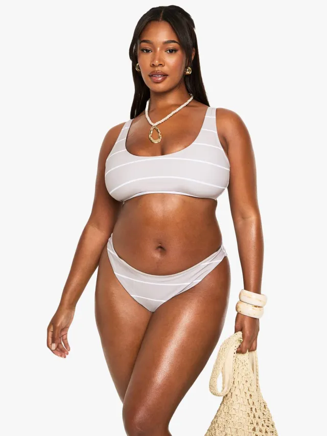 boohoo Dames Plus Swimwear Essentials gestreepte bikini-bottoms steen, foto 3