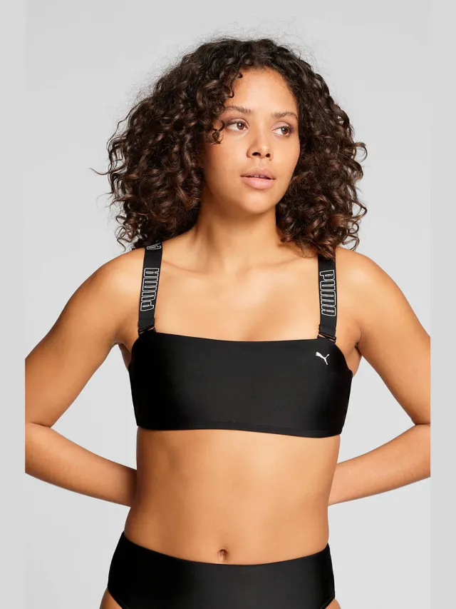 Puma voorgevormde strapless bandeau bikinitop met logo zwart