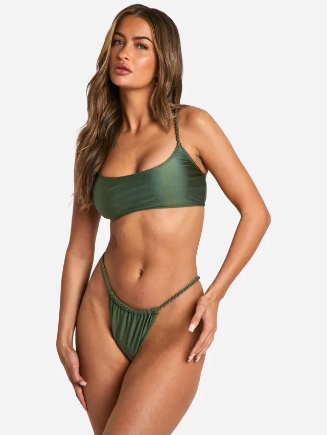 boohoo Dames Gevlochten Gerimpelde Bikinislips Kaki
