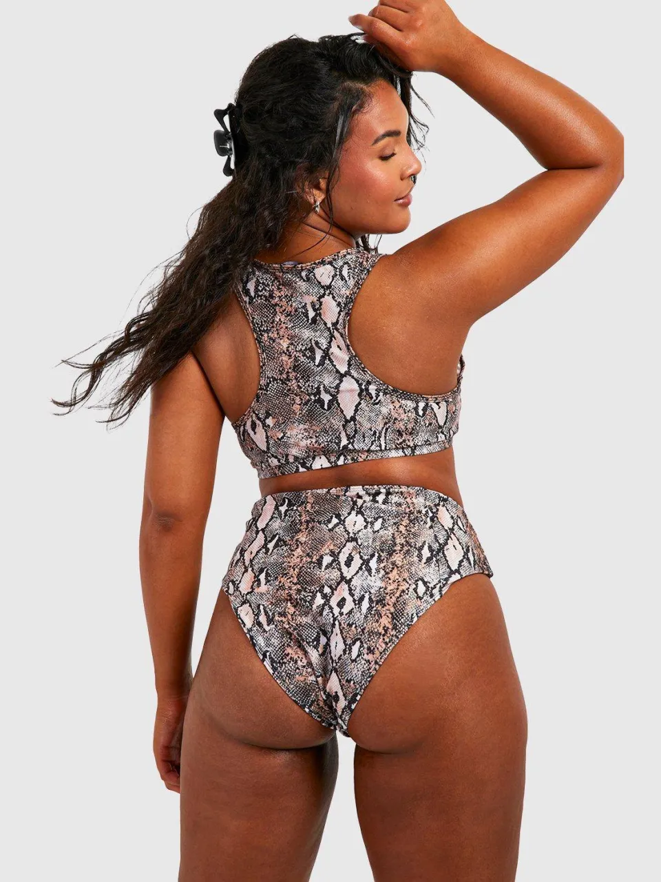 boohoo Dames Plus Essentials Snake Print High Waist Bikini Slip bruin, foto 3