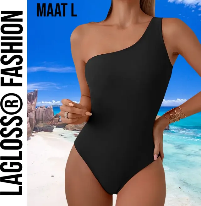LaGloss Badpak Asymmetrisch Effen Zwart - Strand/Beach Swimsuit - Zomer Badmode - Maat L %%