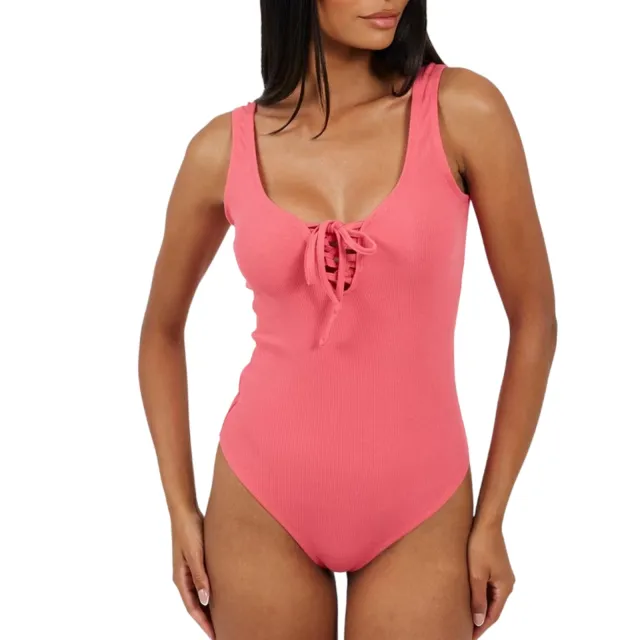 Brave Soul Dames Kanten Bodysuit met Veters (Roze)