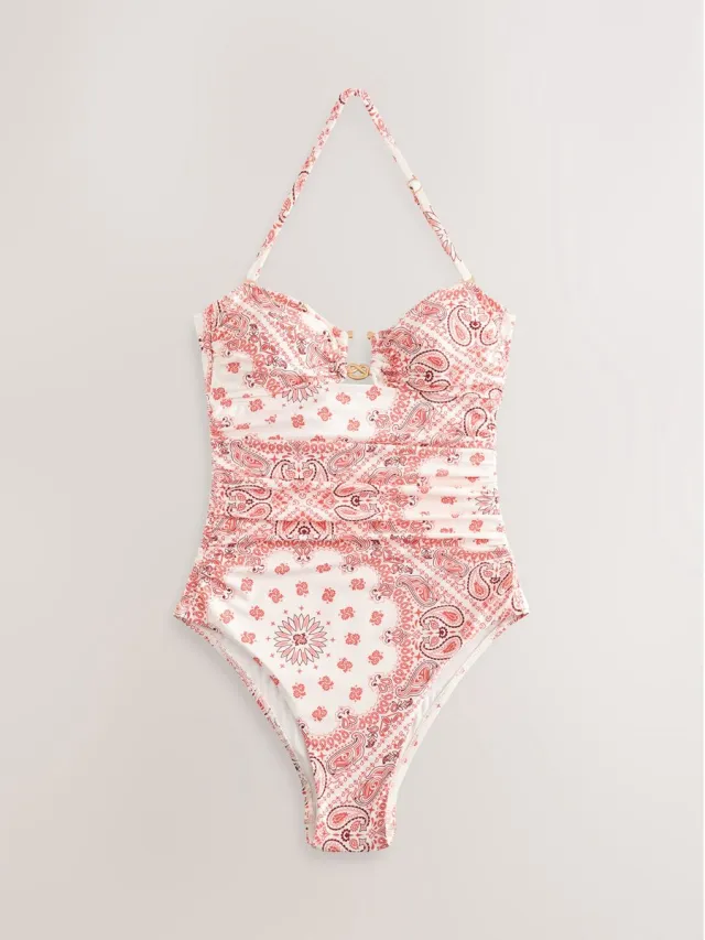 Next Dames - Bandeaubadpak met buikcorrectie - Tall - Crème Cream/Pink Paisley