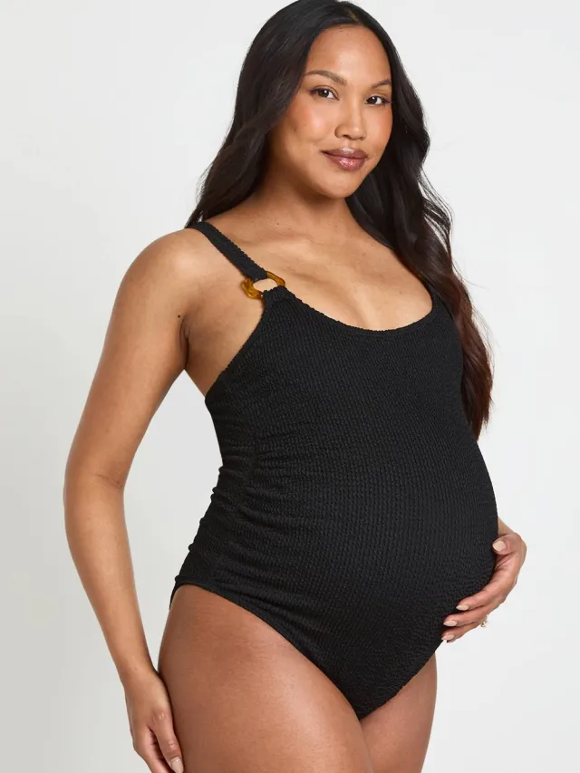 boohoo Dames Zwangerschaps Badpak Met Crinkle Structuur, Ronde Hals En Sierdetail zwart, foto 2