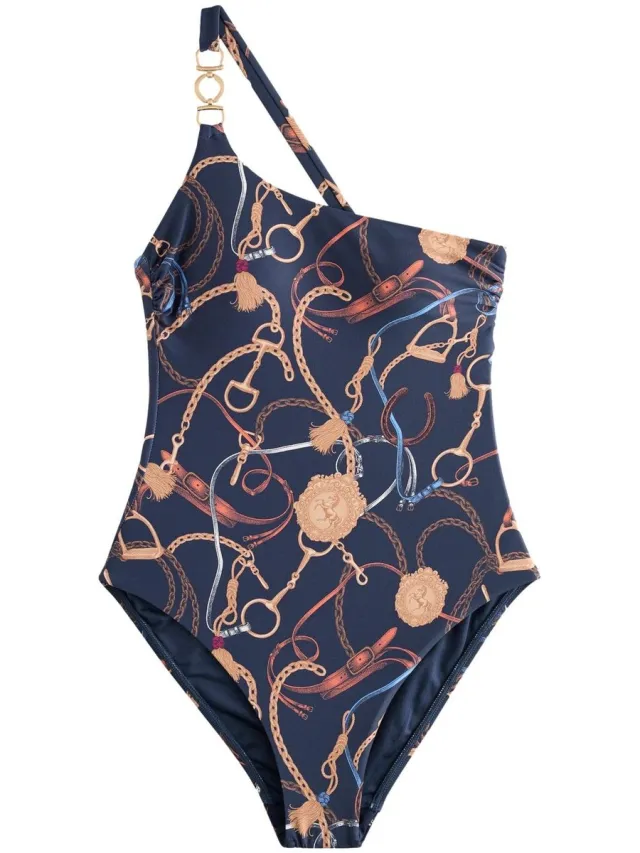 Next Dames - Badpak met één blote schouder en metalen details - Blauw Equestrian Print