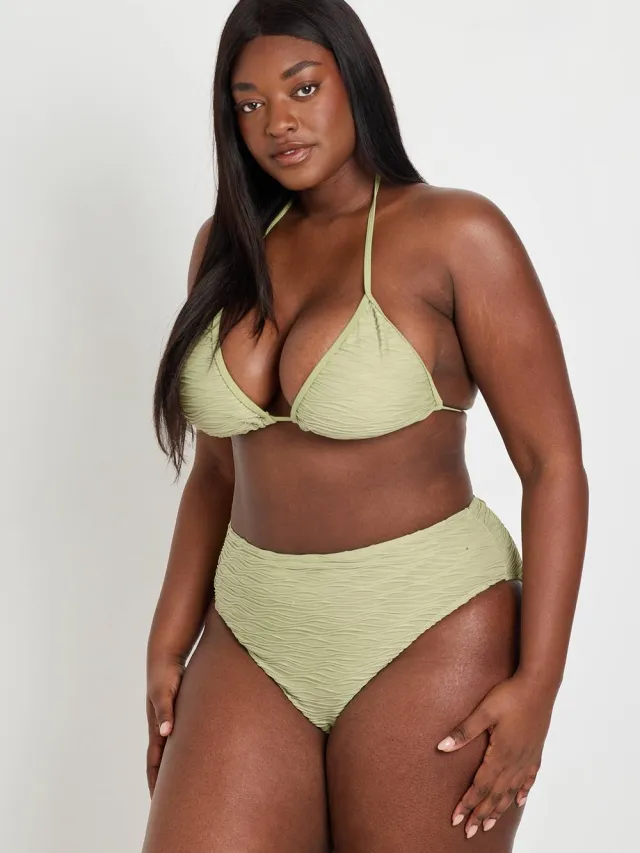 boohoo Dames Plus Gestructureerde Driehoek & Hoge Taille Bikini Set Olijf