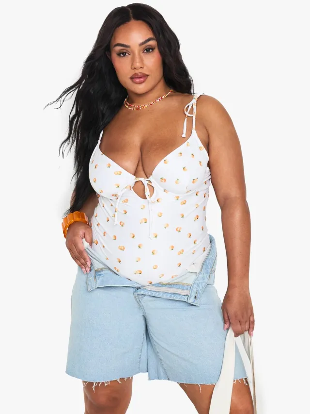 boohoo Dames Plus Tangerine Print Bandeau Badpak Oranje