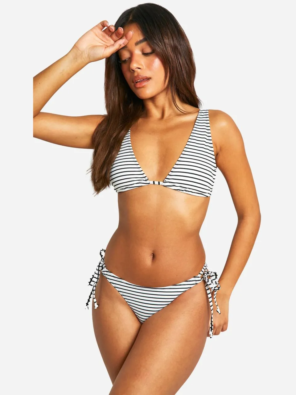 boohoo Dames Mono Streep Rib Tie Zijkant Bikini Slip wit, foto 2