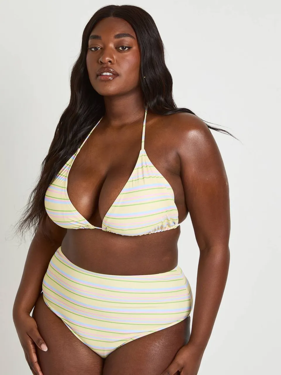 boohoo Dames Plus Gestreepte Driehoek Bikinitop En Hoge Taille Bikinibroekje Set Citroen